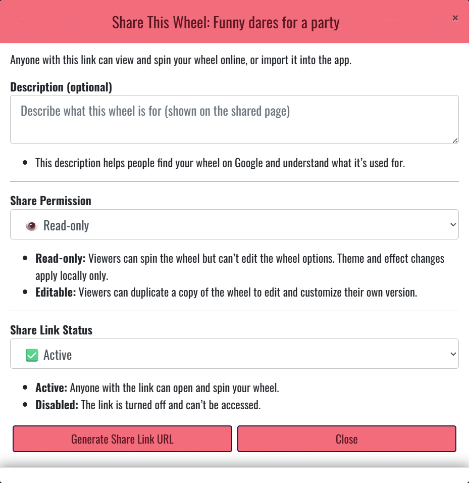 Share this wheel dialog